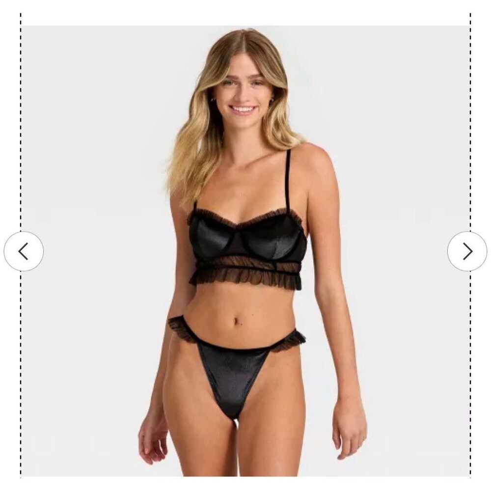 Women's Velvet & Mesh Pleated Lingerie‎ Set - Auden Black XS NWT
